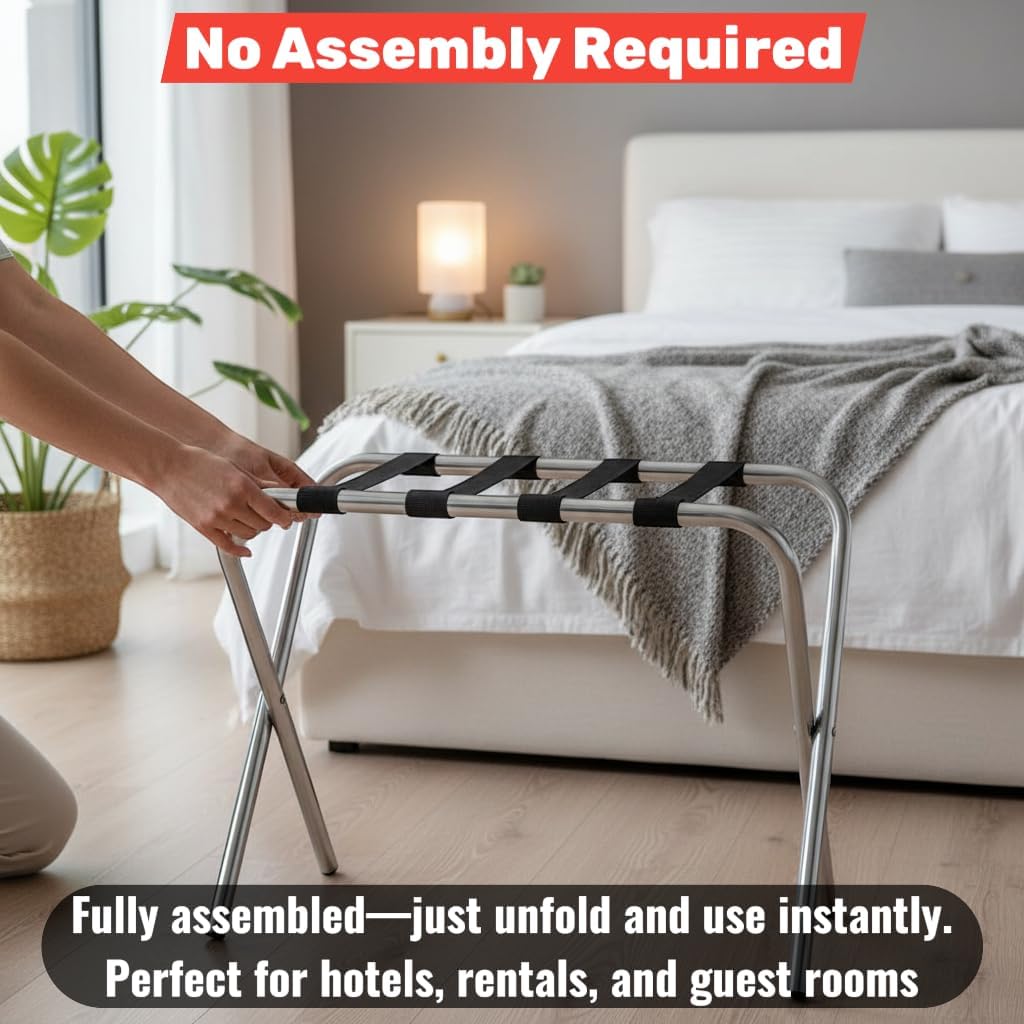 Folding Luggage Rack, Heavy-Duty Metal Frame, Foldable Suitcase Stand for Hotel Guest Room, Travel Bag Holder, Space-Saving Design (Chrome, With Back / Guard)