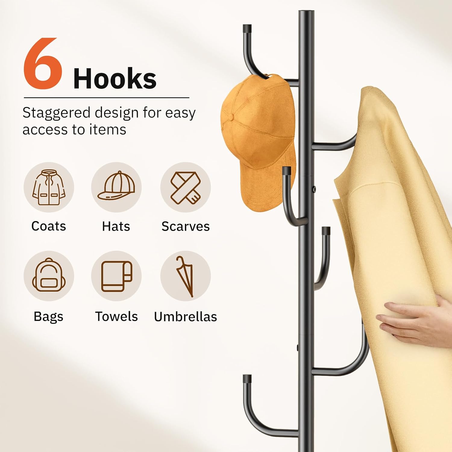 MISSLO Heavy Duty Coat Rack Freestanding with Stable Wood Base Metal Coat Tree Adjustable Coats Hanger Stand with 6 Hooks Clothes Tree for Jackets, Hats, Bags Standing Purse Rack for Bedroom, Office