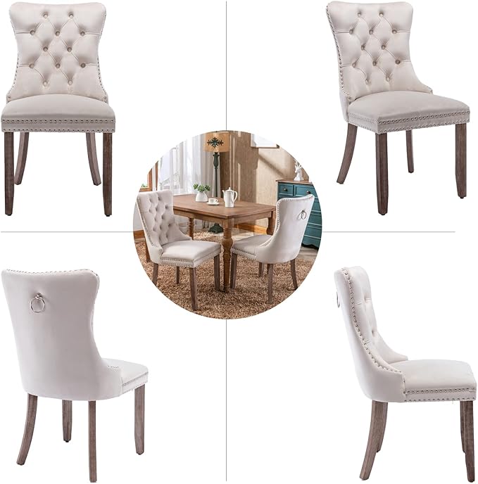 Beige Velvet Dining Chairs Set of 2, Upholstered Dining Room Chairs with Back Ring Pull Trim and Solid Wood Legs, Tufted Wingback Kitchen Chairs for Dining Room,Living Room,Kitchen(Beige)