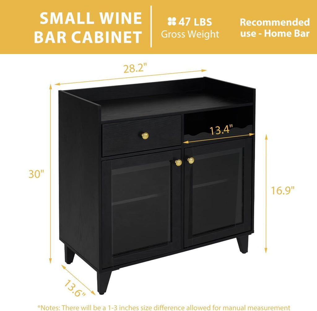 COCO DESIGN Small Bar Cabinet, Black Modern Liquor Wine Cabinet with Storage with Led Light for Home, Farmhouse Buffet Coffee Sideboard with Glass Door & Wavy Wine Rack for Kitchen