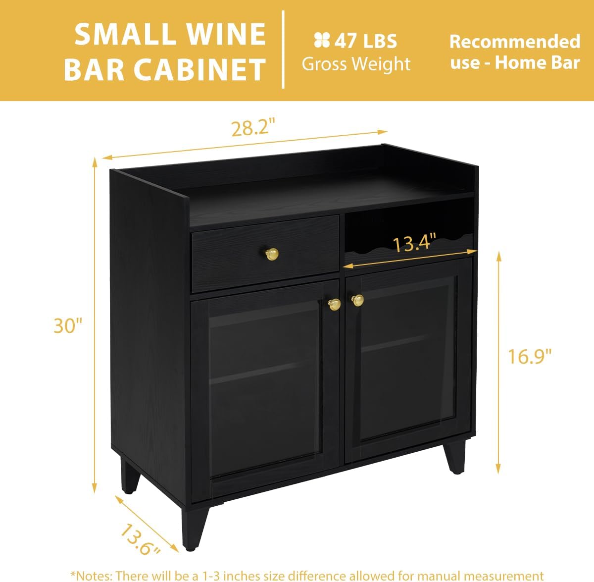 COCO DESIGN Small Bar Cabinet, Black Modern Liquor Wine Cabinet with Storage with Led Light for Home, Farmhouse Buffet Coffee Sideboard with Glass Door & Wavy Wine Rack for Kitchen