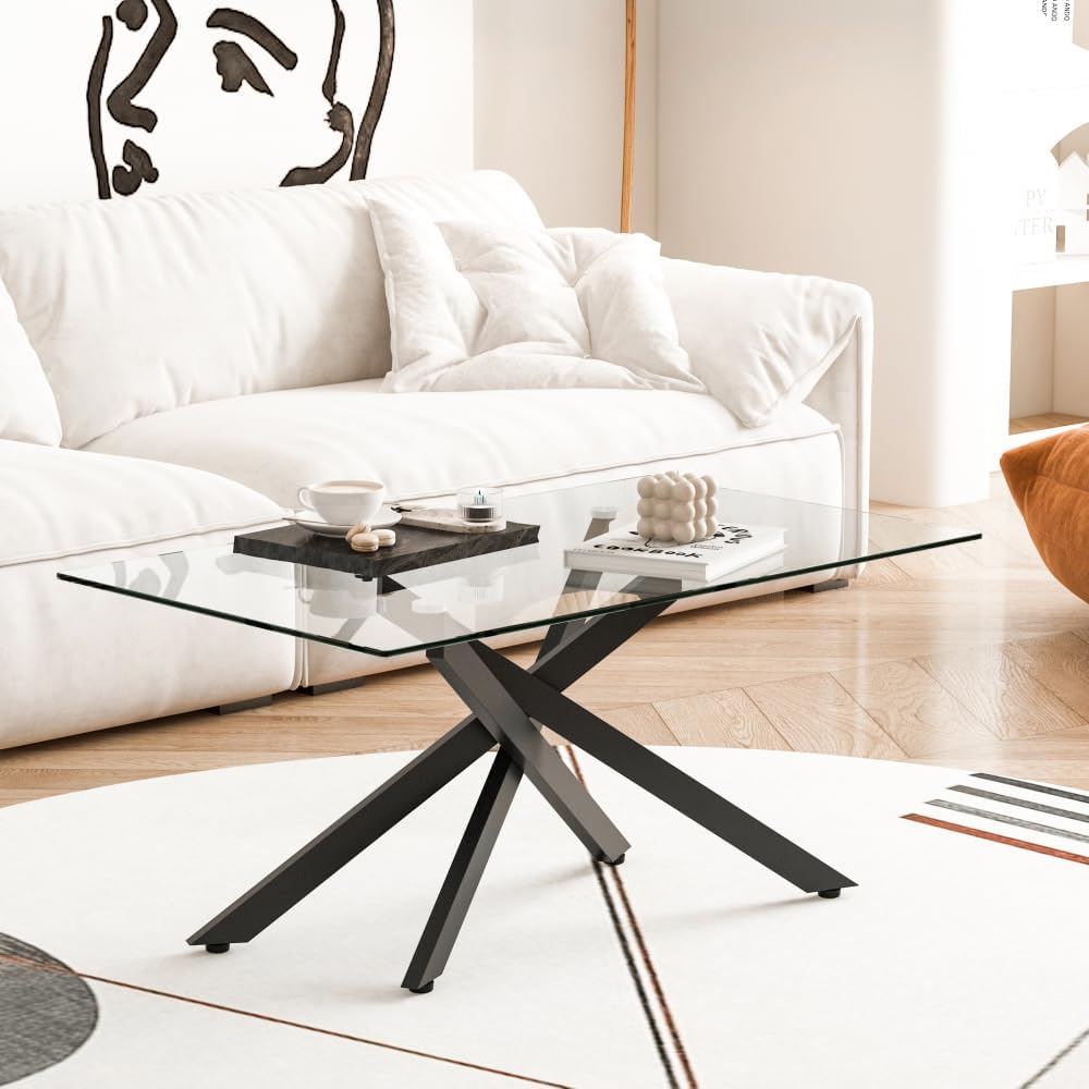 39.37-Inch Glass Coffee Table, Clear Tempered Top with Black Metal Legs | Rec...