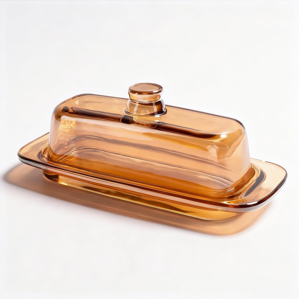 Butter Dish with Lid for Countertop, Elegant Champagne-Colored Covered Glass Butter Holder Tray Container