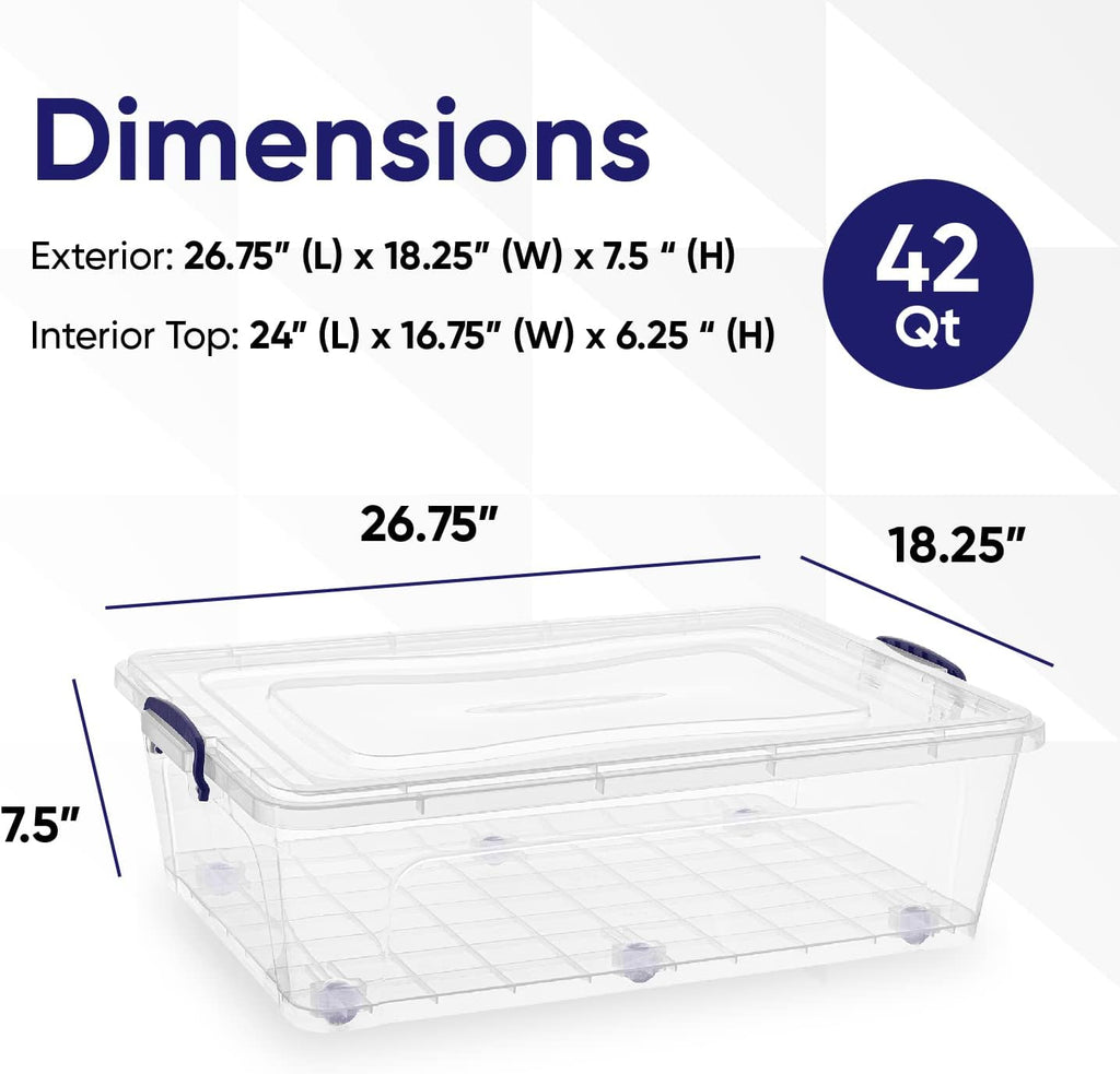 Superio Storage Bins with Lids- Clear Boxes for Organizing, Stackable Plastic Containers- BPA Free, Non-Toxic, Odor Free, Organizer for Home, Office, Dorm (8 Pack, 42 Qt (Under Bed-Wheeled))