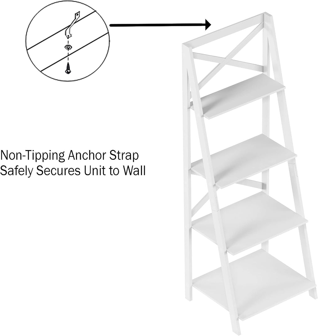 4-Tier Ladder Bookshelf - Freestanding Shelved Bookcase with X-Back Frame and Leaning Look - Display Shelves for Home or Office by Lavish Home (White)
