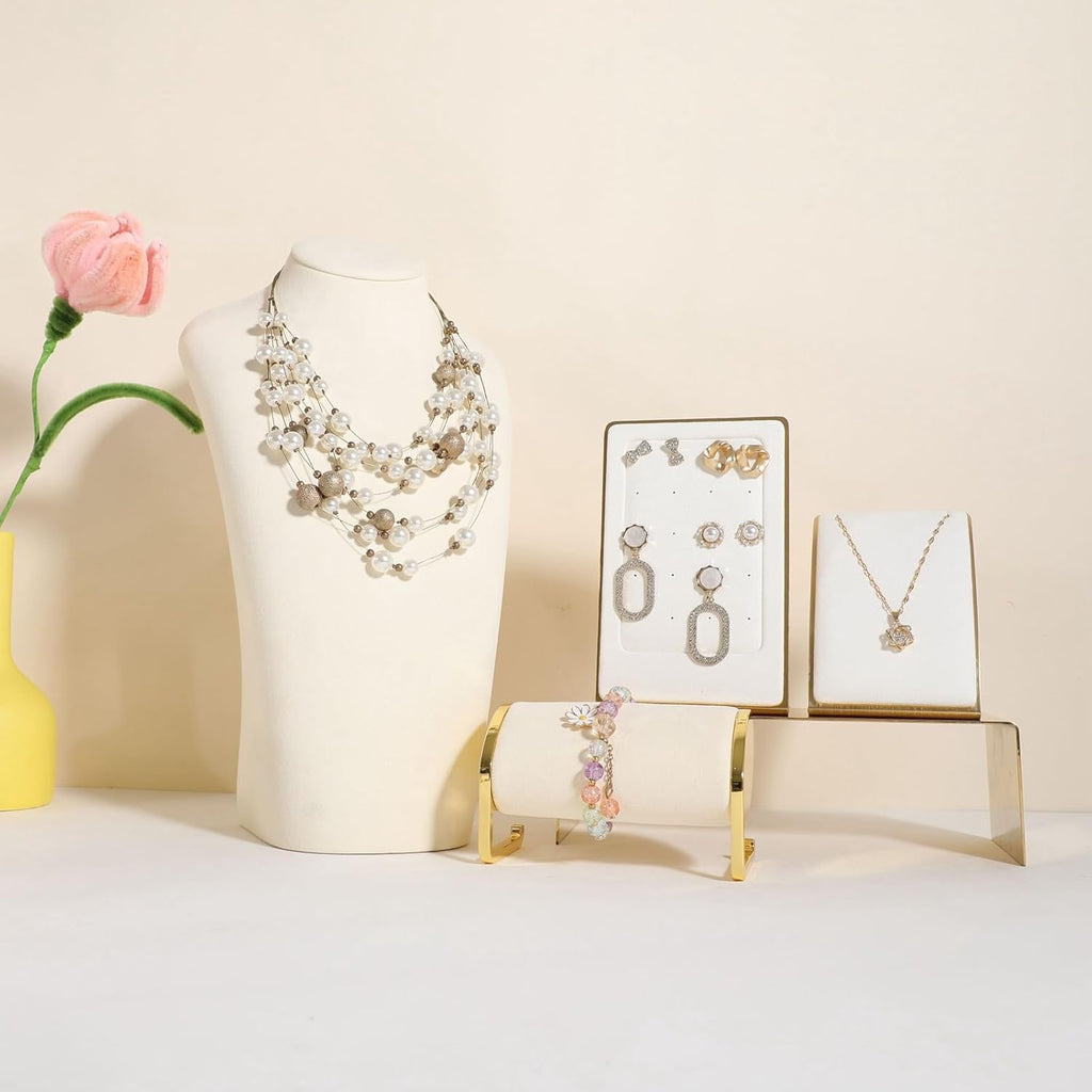 GemeShou Beige necklace hanger jewelry organizer, Velvet jewelry stand necklace holder, jewelry mannequin bust for necklaces, Jewelry boutique store photography props【Beige-Large height 11.8 inch】
