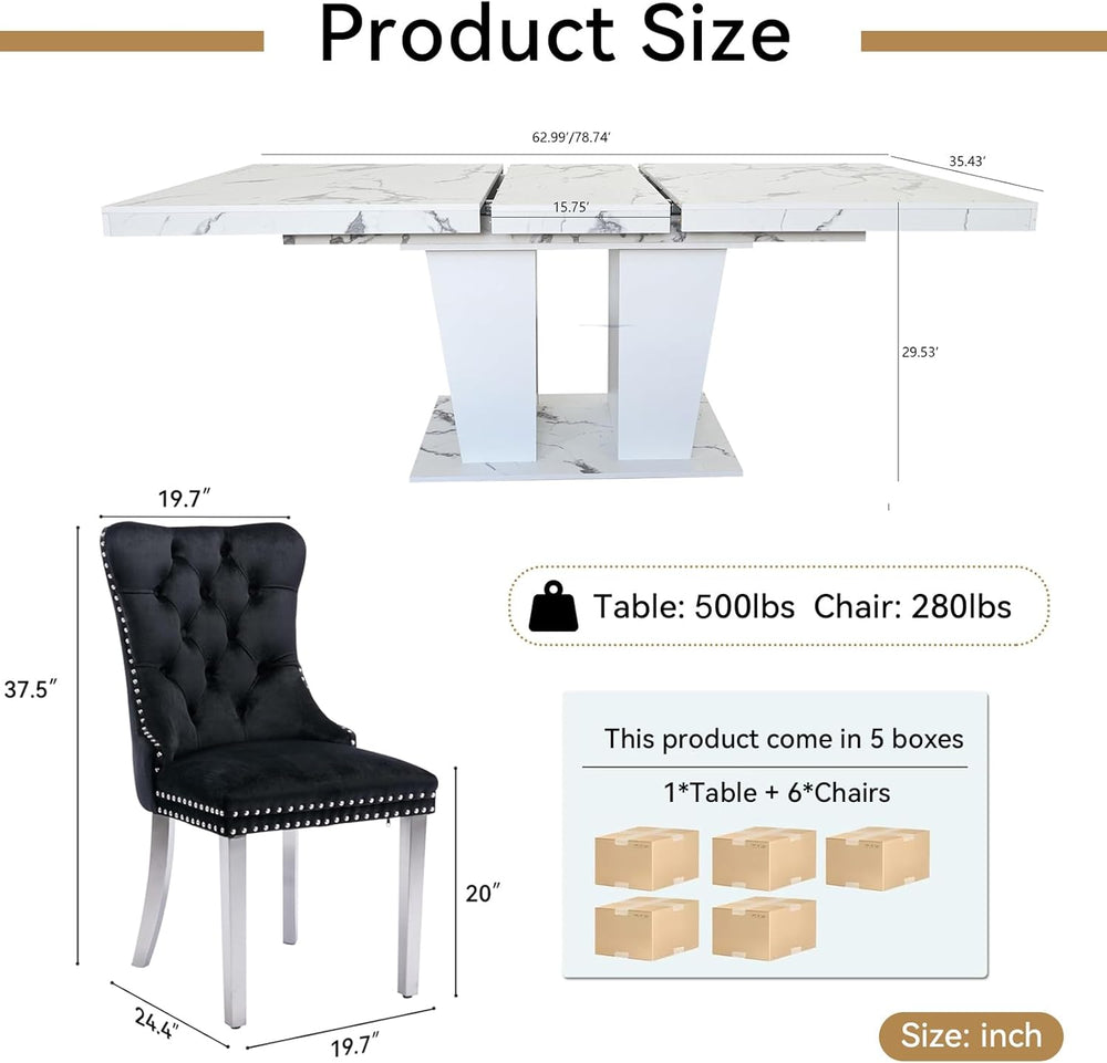 Faux Marble Extendable Dining Table Set for 6, Modern White Kitchen Table Set...