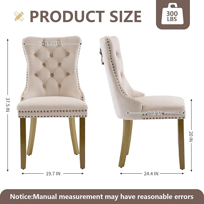 Velvet Dining Chairs Set of 6, Modern Tufted Dining Room Chair, Upholstered Dining Chairs with Lion Head Pulls Ring and Golden Solid Wood Legs, Luxury Kitchen Chairs for Dining Room, Beige