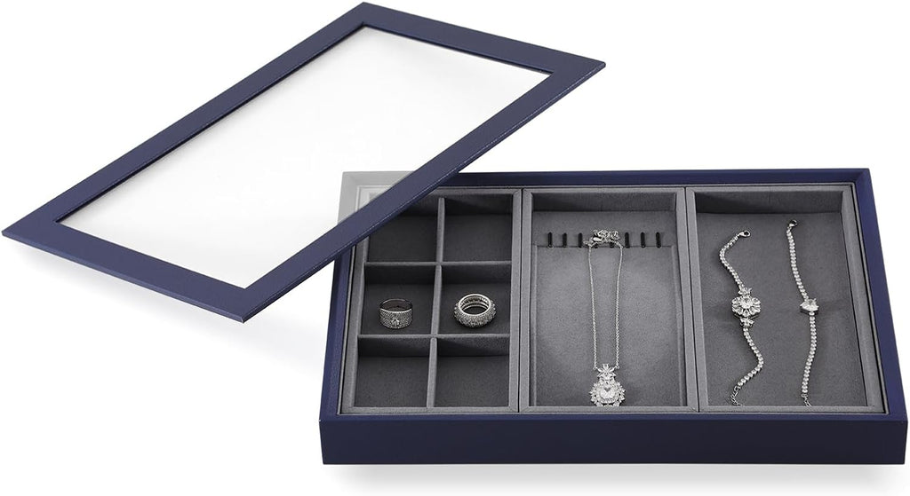 Dark Blue Jewelry Display Tray Ring Necklace Earring Bangle Organizer Multifunctional Storage Case for Jewelry Showcase (Long Necklace Tray)
