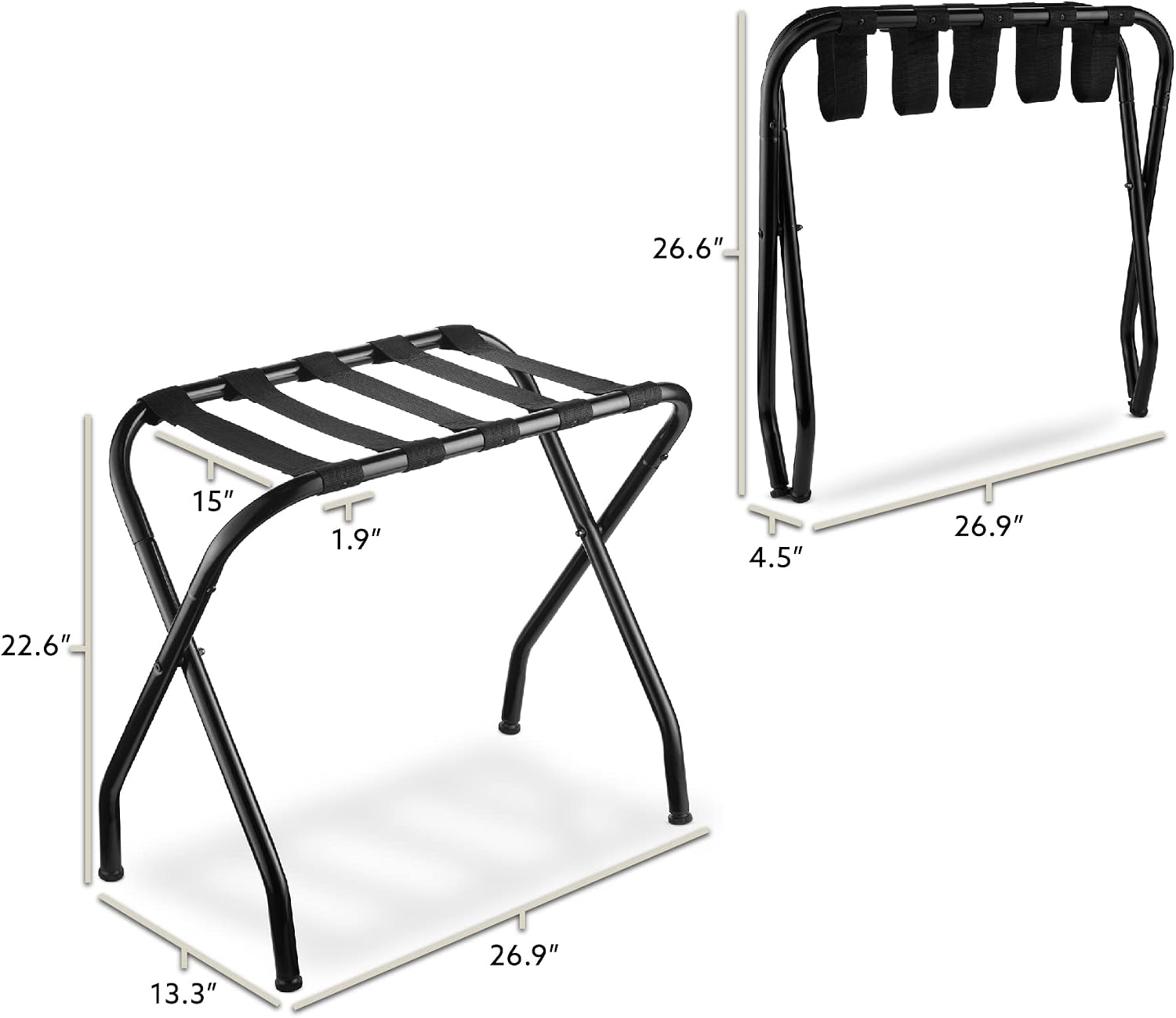Bartnelli 2-Pack Folding Luggage Rack Collapsible Metal Suitcase Stand with Durable Black Nylon Straps- for Bedroom, Guest Room, or Hotel (Black Steel)