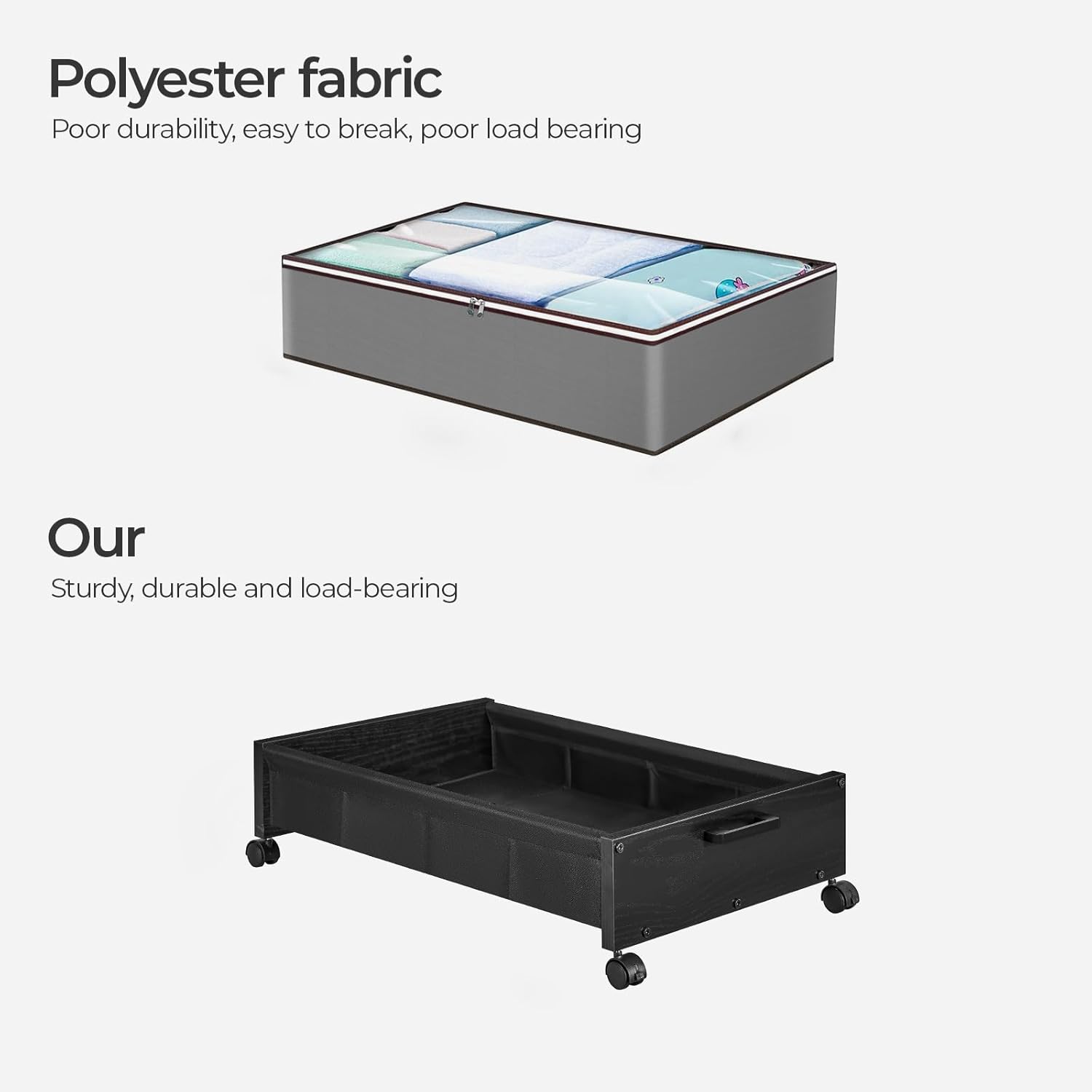 Under Bed Storage with Wheels, Wooden Under Bed Drawers On Wheels, Rolling Under Bed Shoe Storage, Space Saving, Black,50L