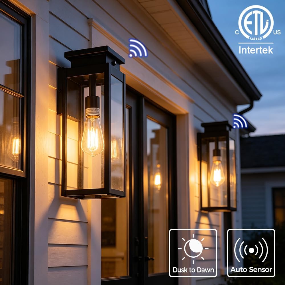 Cerdeco 15" Dusk to Dawn Outdoor Wall Light with 4-Side Clear Glass,2 Pack