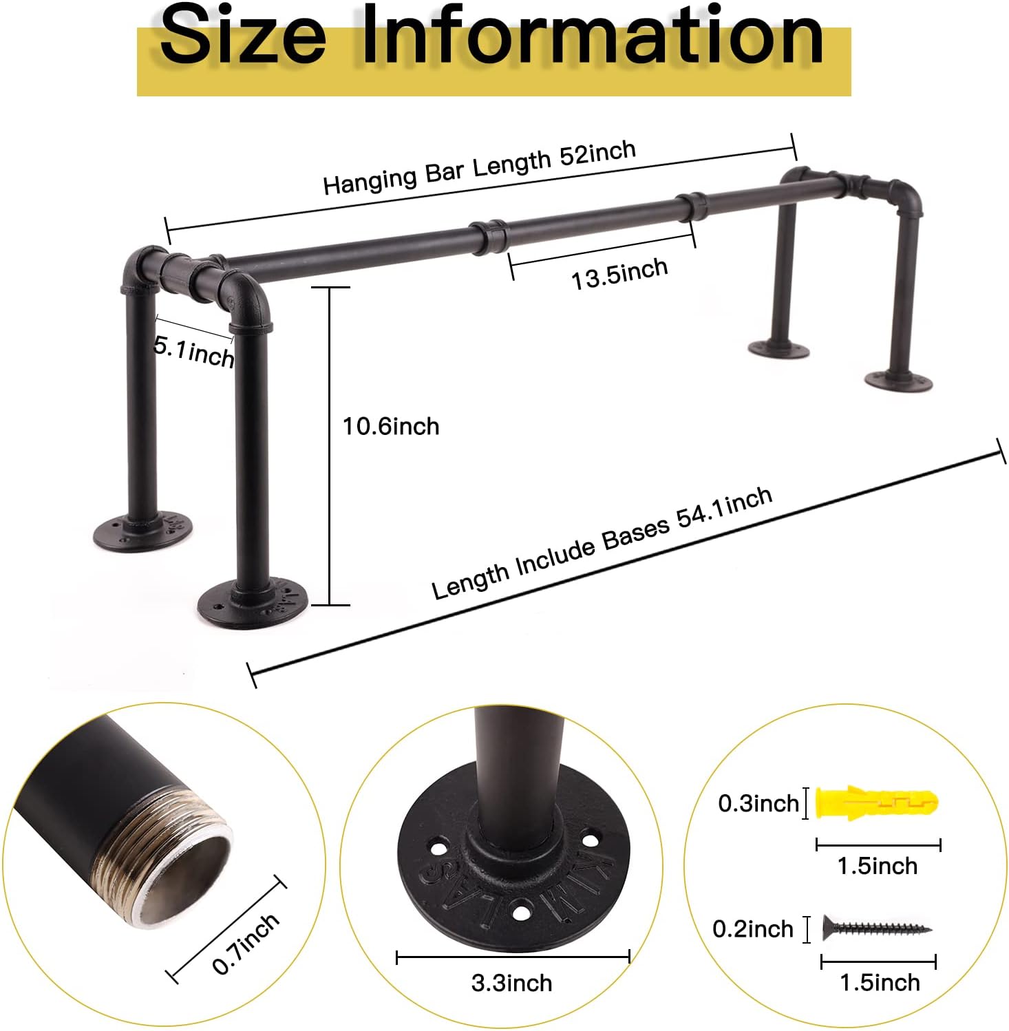 54” Wall Mounted Clothes Rack, Industrial Pipe Black Iron Garment Bar, Heavy-Duty Detachable Clothing Rod, Multi-Purpose Metal Wall display Hanging Pole for Closet Storage, Laundry Room 4 Base