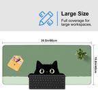 Cute Black Cat Large Mouse Pad – Extended Desk Mat 35.43 x 15.75 in – Kawaii Kitty Peeking Over Edge, Green Background, Non-Slip Rubber Base, Waterproof Keyboard & Mouse Pad for Office or Gaming