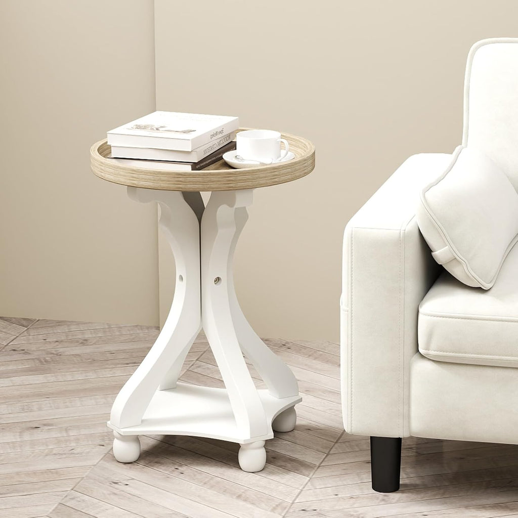 Accent Wood Farmhouse End Table, Round Side Tables, Nightstand Natural Tray Top and Distressed Carved Legs for Bedroom Living Room, White