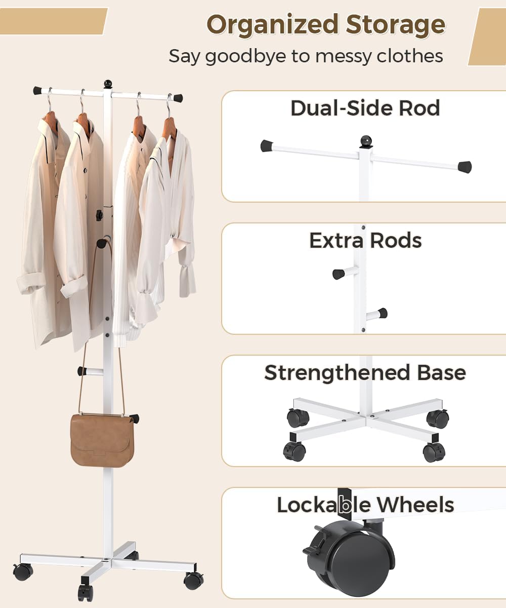Koutemie 62" T-Shaped Coat Rack Hanger Stand Freestanding with Wheel, White