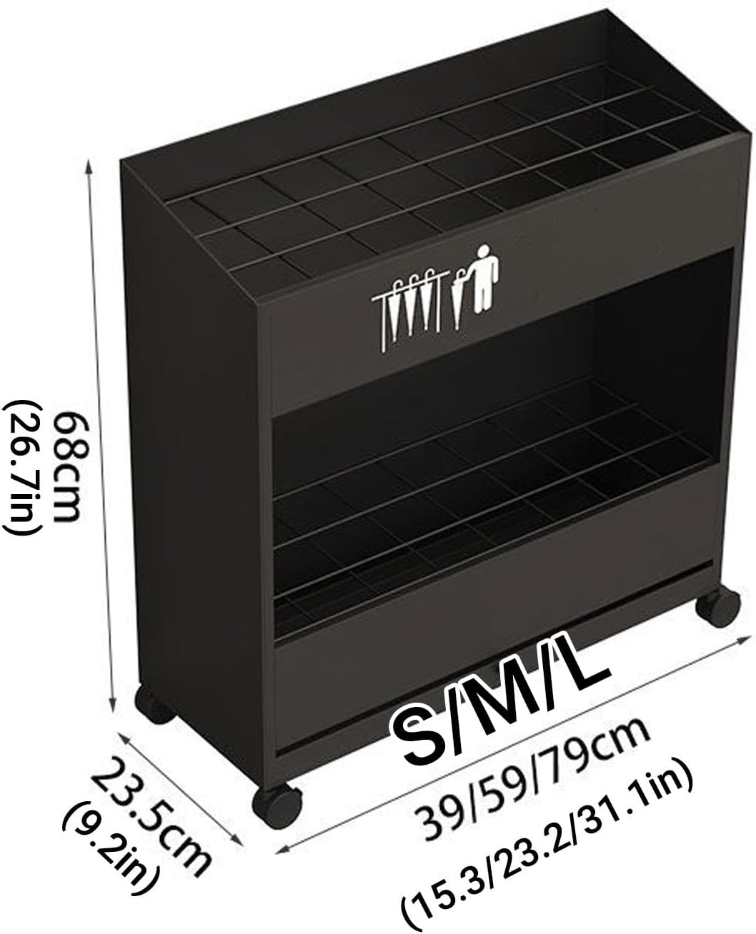 Movable Large Capacity Metal Umbrella Stand Rack with Drip Tray, Tiered Umbrella Organizer Holder, Can hold 15/24/33 umbrellas, for Commercial, Hotel, Entryway(Black,Medium)