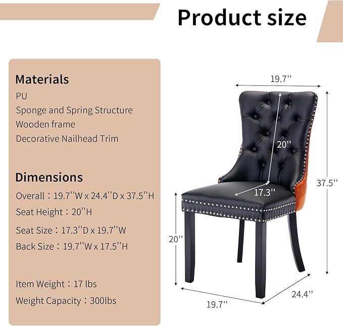 Modern Dining Chairs Set of 4, Tufted Upholstered Dining Chair with Solid Wood Legs, Velvet and Leather Dining Chairs, Sillas de Comedor, Comfy Kitchen Chair (Black+Orange, 4Pcs)