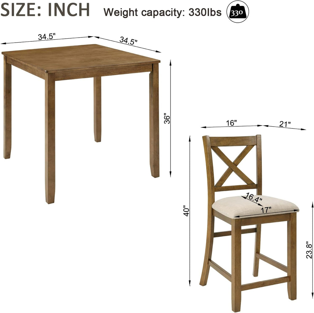 LUMISOL 5-Piece Dining Table Set for 4, Solid Wood Counter Height Kitchen Table Set with Square Table & 4 X-Back Chairs, Farmhouse Table and Chairs Set for Dining Room, Kitchen, Small Spaces, Oak