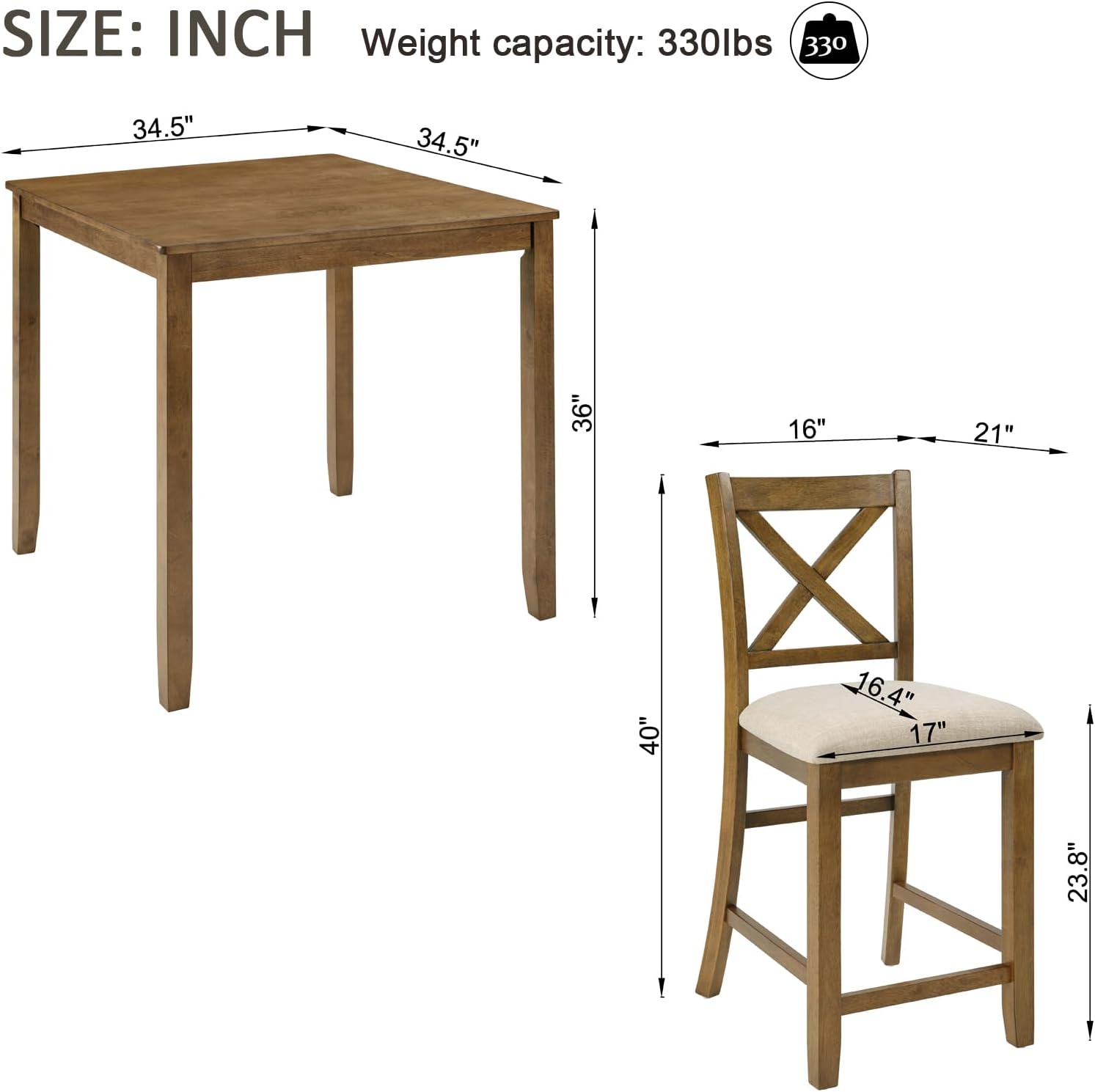 LUMISOL 5-Piece Dining Table Set for 4, Solid Wood Counter Height Kitchen Table Set with Square Table & 4 X-Back Chairs, Farmhouse Table and Chairs Set for Dining Room, Kitchen, Small Spaces, Oak