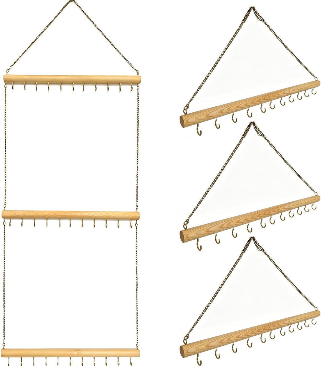 Hanging Jewelry Organizer with 36 Hooks - 15.7 Inch Hanging Wooden Display Rack for Necklaces, Bracelets, Earrings, Headbands - Space Saving Decor