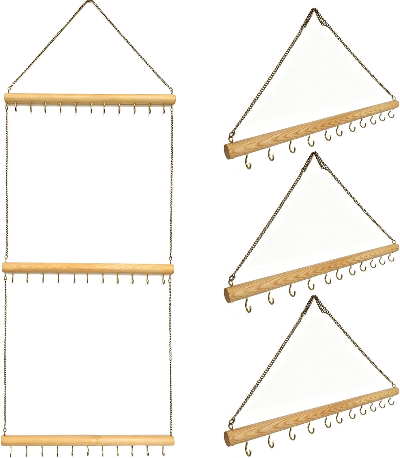 Hanging Jewelry Organizer with 36 Hooks - 15.7 Inch Hanging Wooden Display Rack for Necklaces, Bracelets, Earrings, Headbands - Space Saving Decor