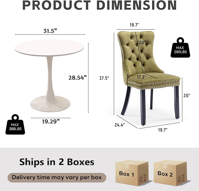 3-Pieces 31.5" Round Dining Table Set for 2,White Dining Table & 2 Velvet Upholstered Dining Chairs for Kitchen Dining Room Apartment Small Space(White Table & Olive Green Chairs)