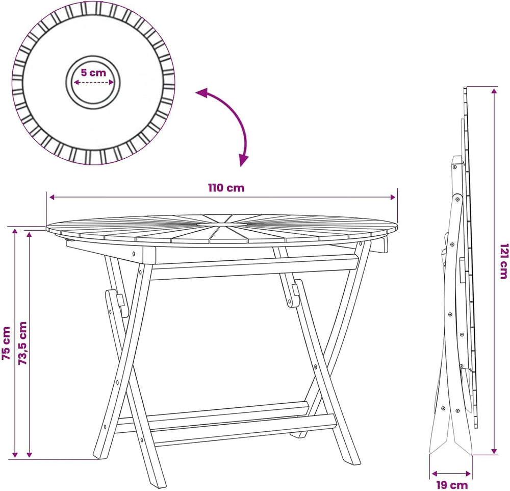 Round Solid Teak Folding Table with Water-Based Finish, 43.31 x 29.53 in, Sla...