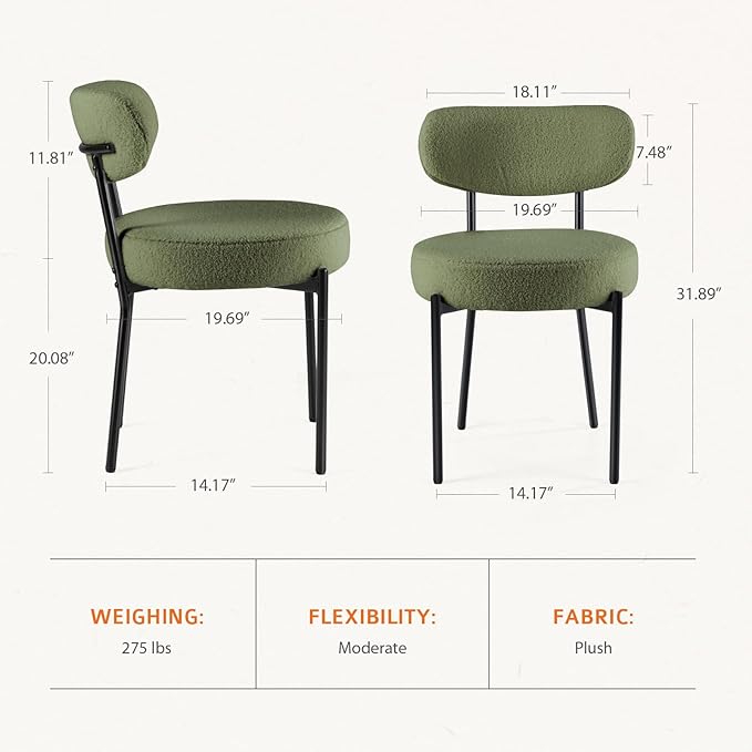 DUMOS Dining Chairs Set of 6, Mid Century Modern Chair Round Upholstered Curved Backrest, Kitchen Vanity Living Room Chairs with Black Metal Legs, Green