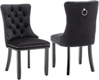Kiztir Velvet Dining Chairs Set of 2, Upholstered Dining Room Chairs with Ring Pull Trim and Button Back, Luxury Tufted Modern Dining Chair for Living Room, Bedroom, Kitchen (Black)