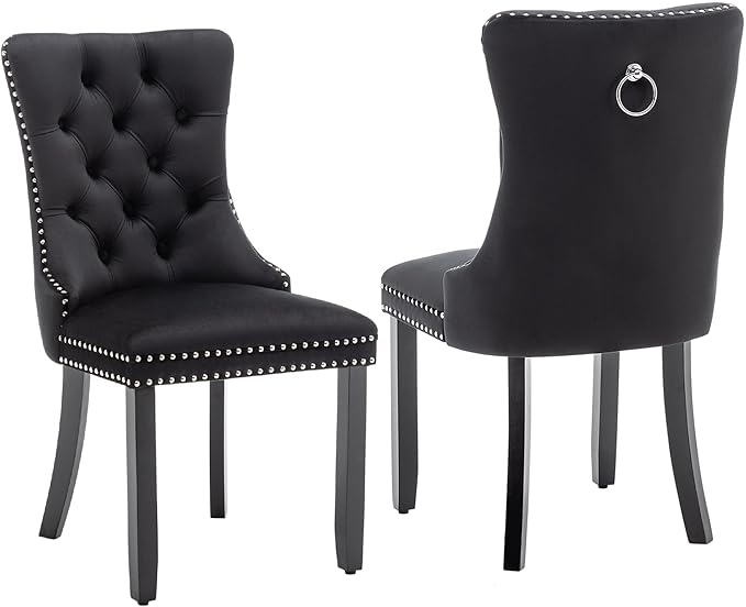Kiztir Velvet Dining Chairs Set of 2, Upholstered Dining Room Chairs with Ring Pull Trim and Button Back, Luxury Tufted Modern Dining Chair for Living Room, Bedroom, Kitchen (Black)