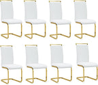 AZmac Modern Leather Dining Chairs Set of 8,Armless Kitchen Chairs,Dining Room Chairs with Upholstered Padded Seat and Sturdy Gold Legs for Dining Room,Kitchen (Set of 8, White-Gold Leg)