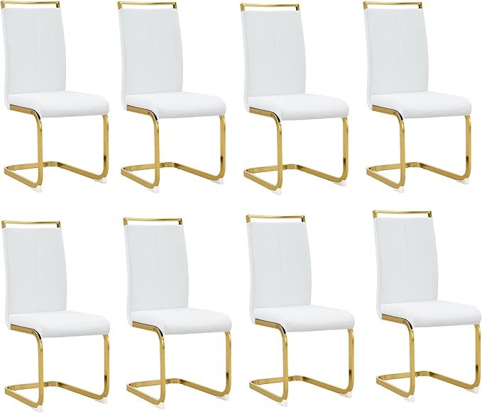 AZmac Modern Leather Dining Chairs Set of 8,Armless Kitchen Chairs,Dining Room Chairs with Upholstered Padded Seat and Sturdy Gold Legs for Dining Room,Kitchen (Set of 8, White-Gold Leg)