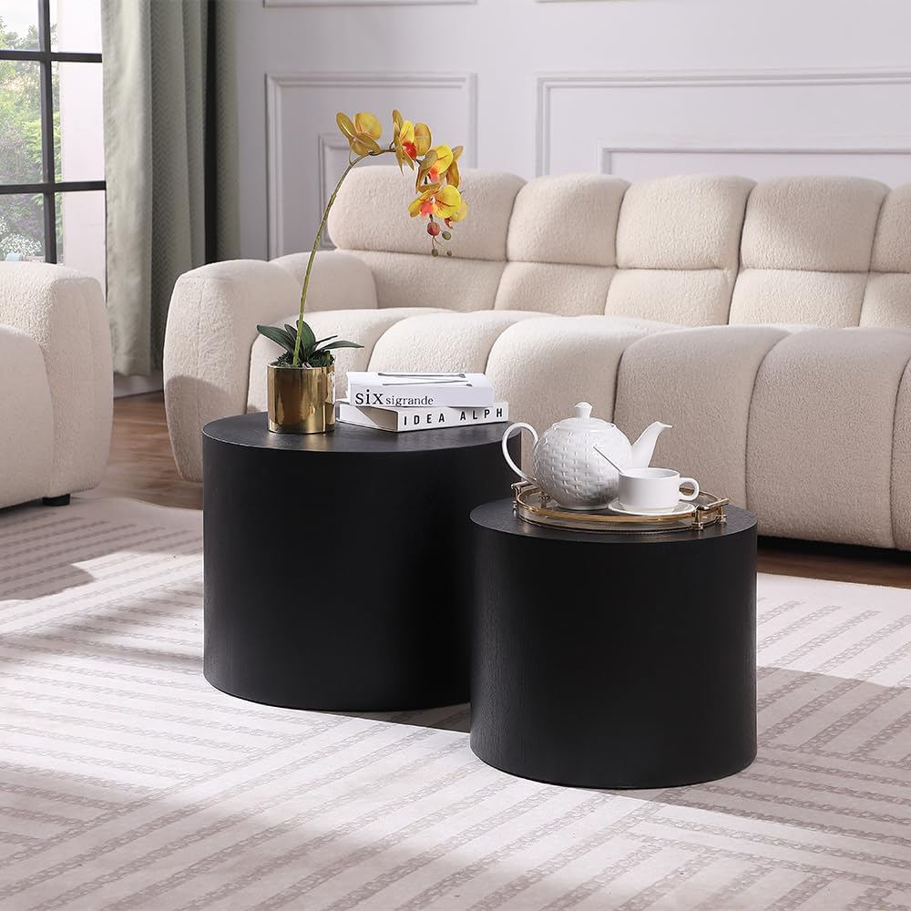 WILLIAMSPACE Nesting Coffee Table Set of 2, Black Round Wooden Modern Circle Table for Small Space Living Room Bedroom Accent End Side Table (Black-Round)