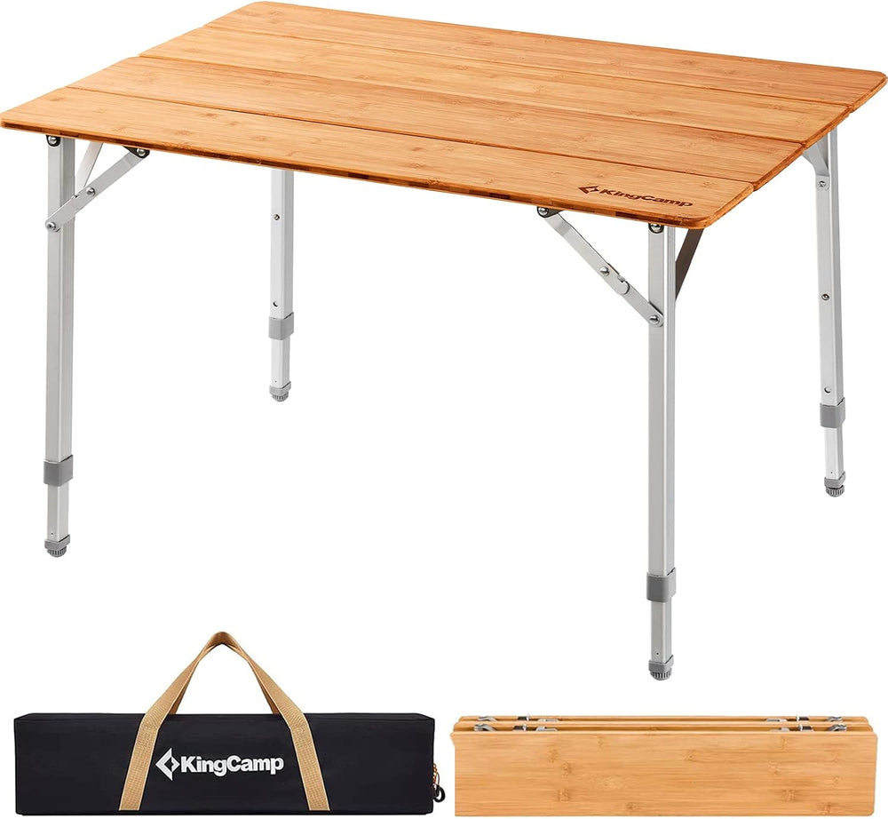 KingCamp Folding Camping Table Bamboo 4-Fold Adjustable Portable Table