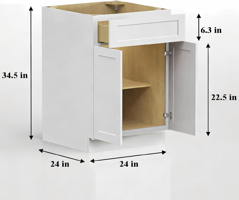 White Shaker Kitchen Base Cabinet 24 Inch, RTA B24 Cabinet with 1 Drawer, 2 S...