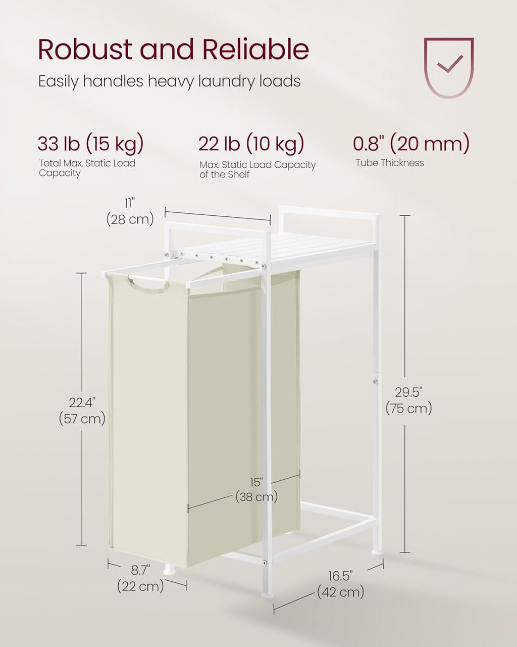 VASAGLE Laundry Hamper, Laundry Basket, Laundry Sorter with a Pull-Out and Removable Bag, Shelf, Metal Frame, 12.4 Gallons (47 L), 16.5 x 11 x 29.5 Inches, Cream White and Cloud White UBLH001W01