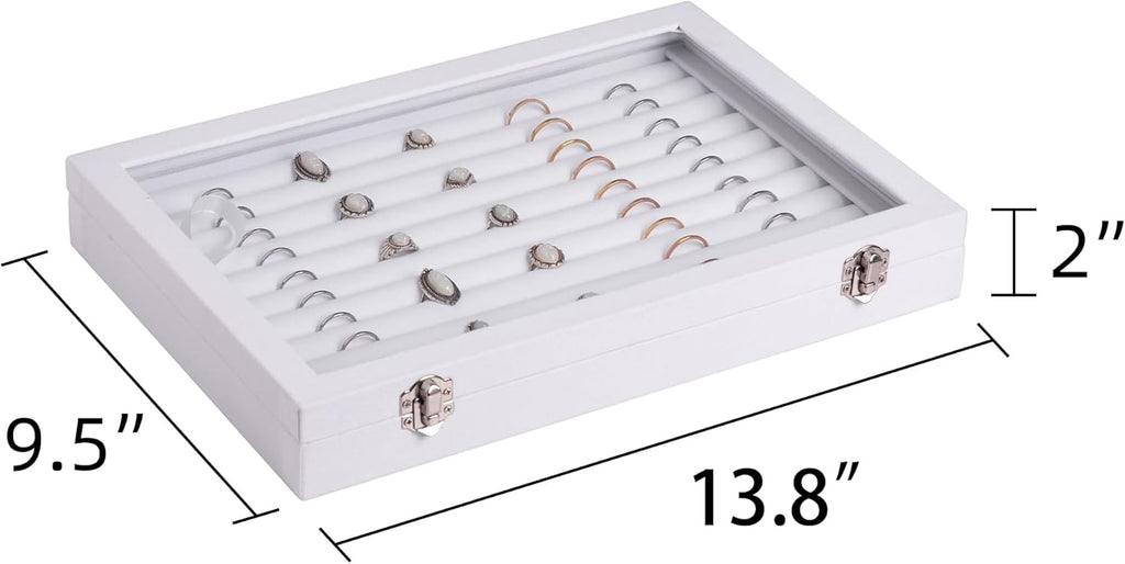 Frebeauty Rings/Earrings Organizer Tray with Clear Lid 10 Slots Velvet Drawer Insert Jewelry Storage box Transparent Glass lid Jewelry Display Case Showcase Gift for Girls Women (White, 10 Slots)