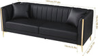 FOTOSOK Black Leather Couch Sofa, Office Couches for Living Room, 78'' Apartment Faux Leather Sofa with 2 Throw Pillows and Gold Metal Legs, Waterproof 3 Seater Couches for Small Living Room