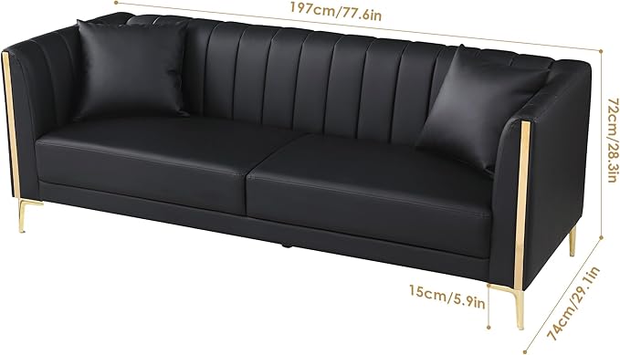 FOTOSOK Black Leather Couch Sofa, Office Couches for Living Room, 78'' Apartment Faux Leather Sofa with 2 Throw Pillows and Gold Metal Legs, Waterproof 3 Seater Couches for Small Living Room