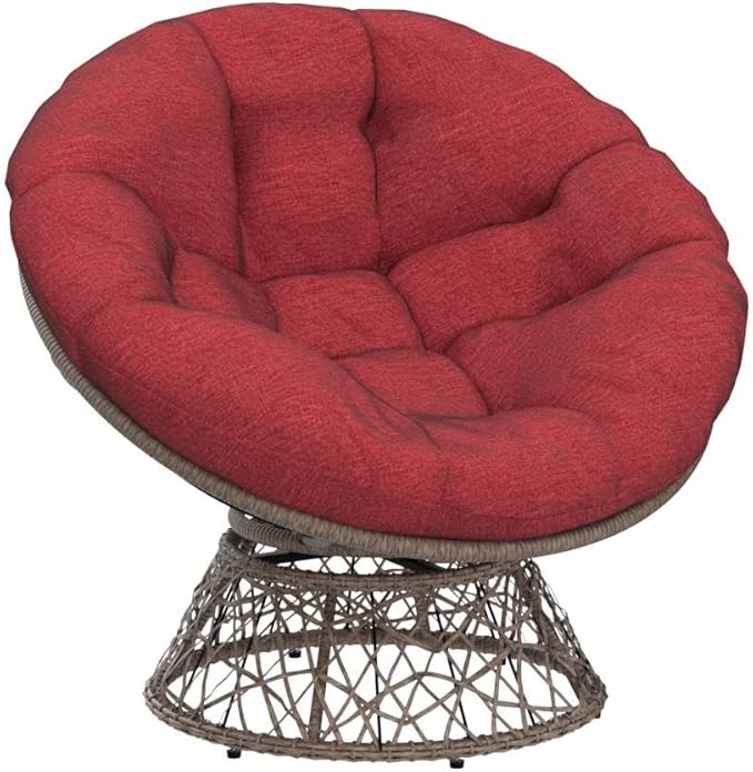 Bme 40" Ergonomic Wicker Papasan Chair with Soft Thick Density Fabric Cushion, High Capacity Steel Frame, 360 Degree Swivel for Living, Bedroom, Reading Room, Lounge, Cherry Sangria-Brown Base
