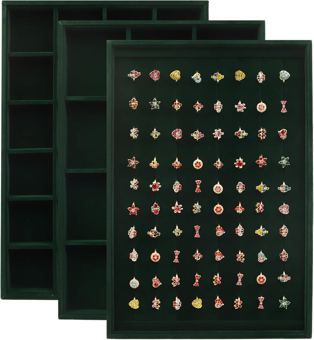 Rocutus Jewelry Trays,3 Pack Stackable Velvet Jewelry Organizer Tray Drawer Jewelry Storage Tray,Divided Ring Organizer Tray for Earrings, Necklaces, Bracelets,13.8"x9.5"x1.2" (Dark Green)