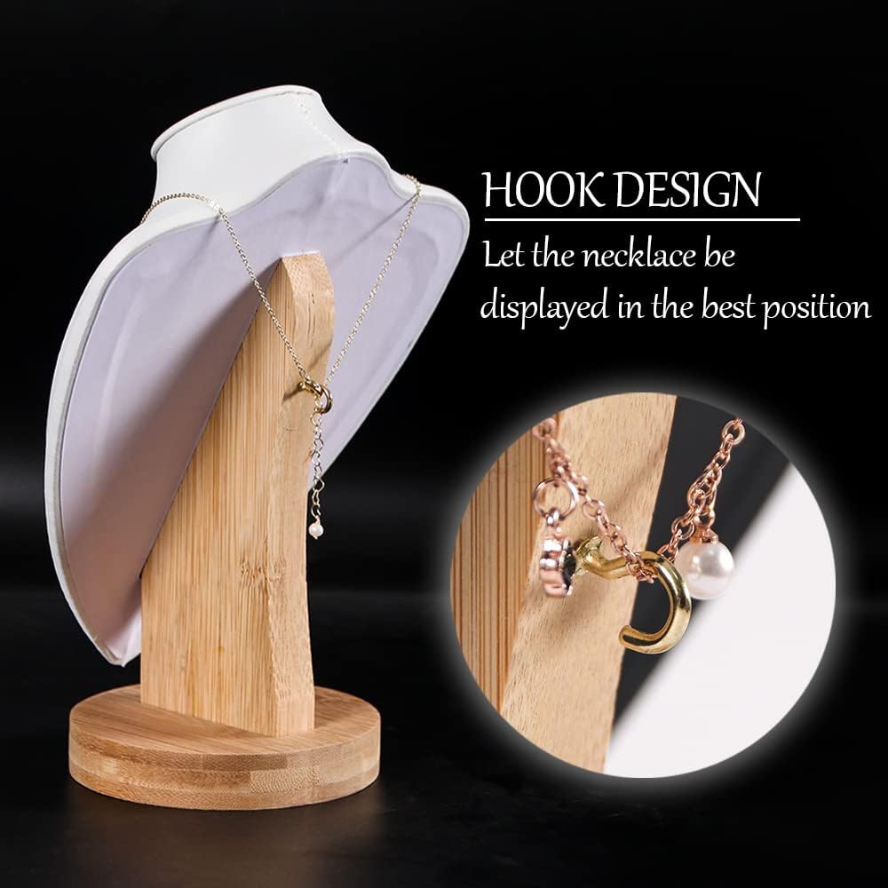 Coward 3D PU Leather Necklace Display Holder Bamboo Chain Jewelry Organizer Model Bust Stand (White pu, 11.4")