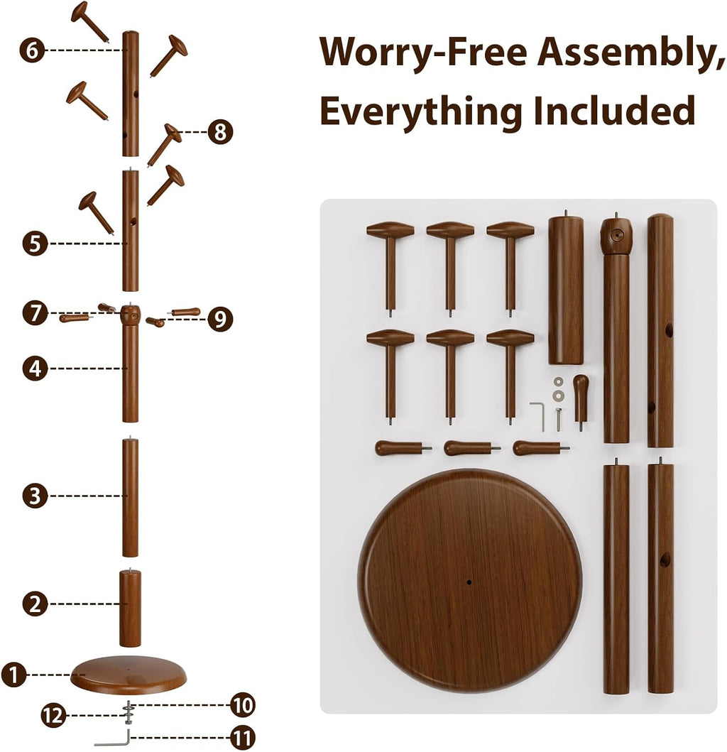 Taitiy Solid Wood Coat Rack Freestanding Coat Tree with 10 Hooks for Bedroom, Livingroom, Entryway, Sturdy Coat Hanger Stand for Hats, Coats, Scarves, Handbags, Purses