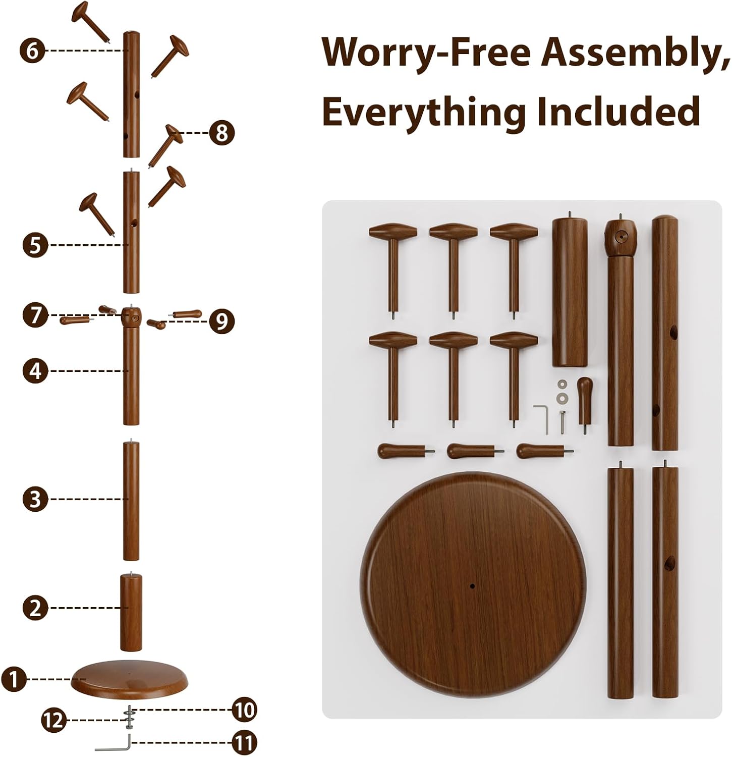 Taitiy Solid Wood Coat Rack Freestanding Coat Tree with 10 Hooks for Bedroom, Livingroom, Entryway, Sturdy Coat Hanger Stand for Hats, Coats, Scarves, Handbags, Purses