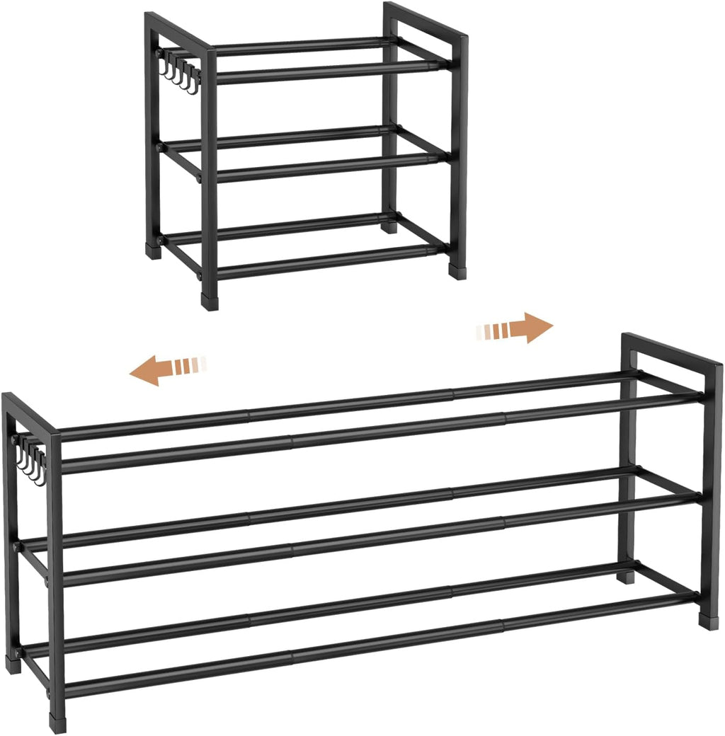 Expandable Shoe Rack - 18.5''- 47'' Adjustable Shoe Rack for Closet, 3 Tier Long Shoe Shelf Storage for 18 Pairs Shoe and Boot, Sturdy Metal Shoe Organizer for Entryway, Garage, Black