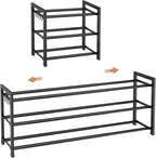 Expandable Shoe Rack - 18.5''- 47'' Adjustable Shoe Rack for Closet, 3 Tier Long Shoe Shelf Storage for 18 Pairs Shoe and Boot, Sturdy Metal Shoe Organizer for Entryway, Garage, Black