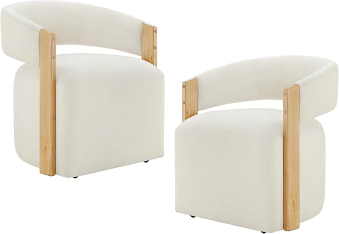 Upholstered Dining Chairs with Casters, Modern Barrel Side Armchair with Rollers & Wooden Armrest for Dining Room, Bedroom, Kitchen, Reading Room, Beige, Set of 2