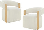 Upholstered Dining Chairs with Casters, Modern Barrel Side Armchair with Rollers & Wooden Armrest for Dining Room, Bedroom, Kitchen, Reading Room, Beige, Set of 2