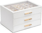 VLANDO Jewelry Box for Women, Glass Lid Jewelry Organizer with 3 Drawers for Necklaces Rings Earrings Bracelets Christmas Gift - White
